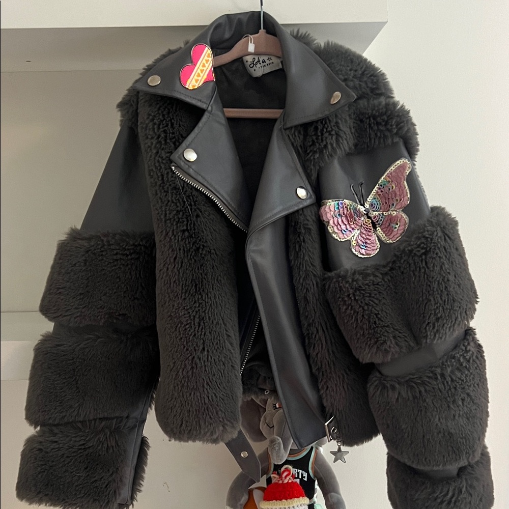 Elegant Charcoal Teddy Jacket with Butterfly Detail